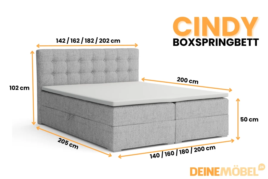 Abmessungen und technische Daten des Boxspringbetts Modell Cindy in verschiedenen Größen.