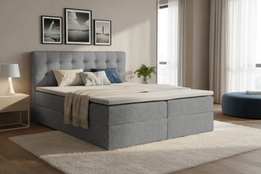 Modernes Schlafzimmer mit hellgrauem Boxspringbett und Teppich