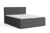 Dunkelgraues Boxspringbett mit gepolstertem Kopfteil auf weißem Hintergrund.