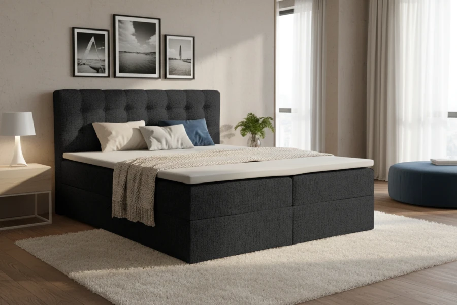Anthrazitfarbenes Boxspringbett im stilvollen Schlafzimmer-Ambiente