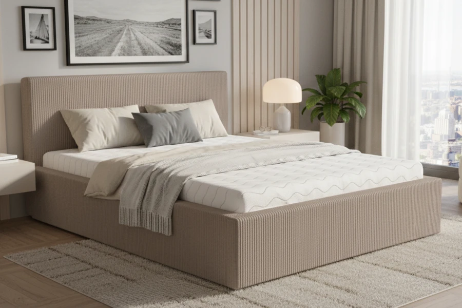 Gemütliches Schlafzimmer mit modernem Polsterbett im beigen Cord-Look und passender Matratze.