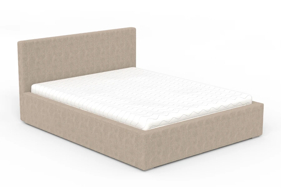 Freigestelltes Polsterbett mit beigem Cord-Bezug und weißer Matratze für zeitloses Design.