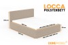 Maße des Locca Polsterbetts in Beige: 140-200 cm Breite, 220 cm Länge und 100 cm Kopfteilhöhe.