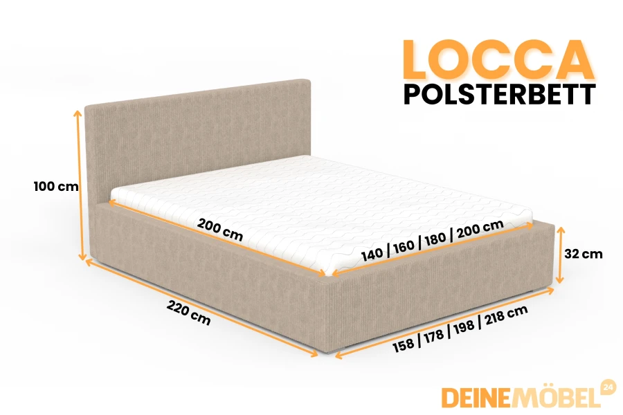 Maße des Locca Polsterbetts in Beige: 140-200 cm Breite, 220 cm Länge und 100 cm Kopfteilhöhe.
