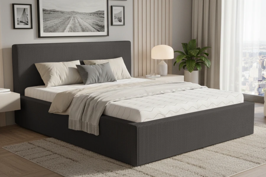 Modernes Locca Polsterbett in Anthrazit mit Cord-Bezug in einem stilvoll eingerichteten Schlafzimmer.