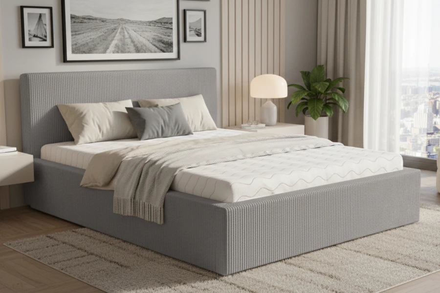 Modernes graues Polsterbett in Cord-Optik im Schlafzimmer-Ambiente.