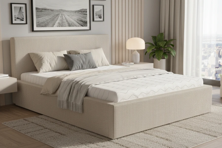 Beiges Cord-Polsterbett in einem stilvoll eingerichteten Schlafzimmer.