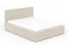 Beiges Polsterbett mit Cord-Stoff und Matratze freigestellt.