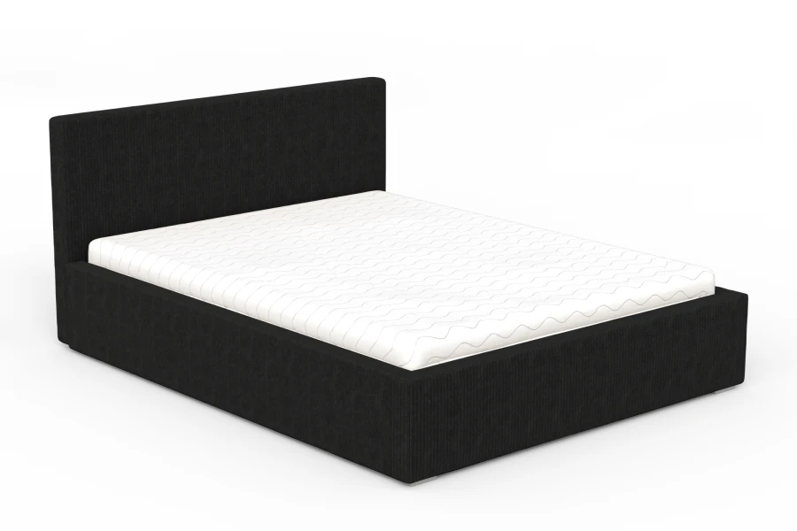 Schwarzes Polsterbett in Cord-Optik mit weißer Matratze, freigestellt.
