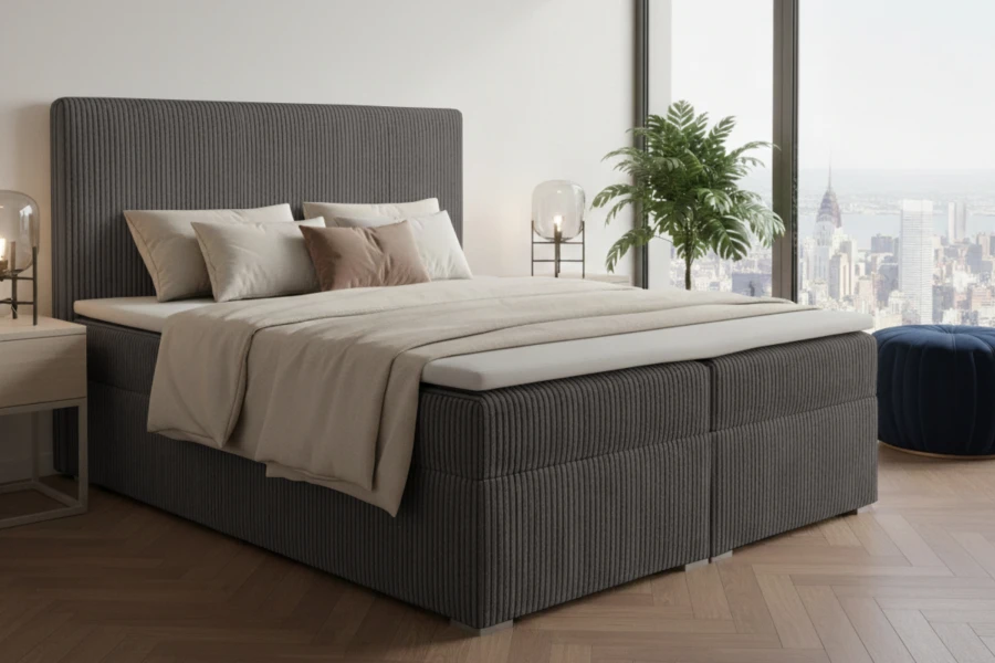 Boxspringbett in Dunkelgrau mit Cord-Struktur für modernes Wohnen.