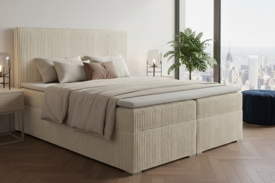 Helles Boxspringbett in Creme mit Cord-Bezug und weichen Textilien.