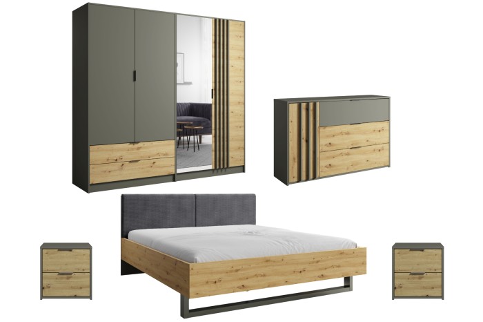 Schlafzimmerset Eiche-Grau: Bett, Kleiderschrank mit Spiegel, Kommode und 2 Nachttische im modernen Design.