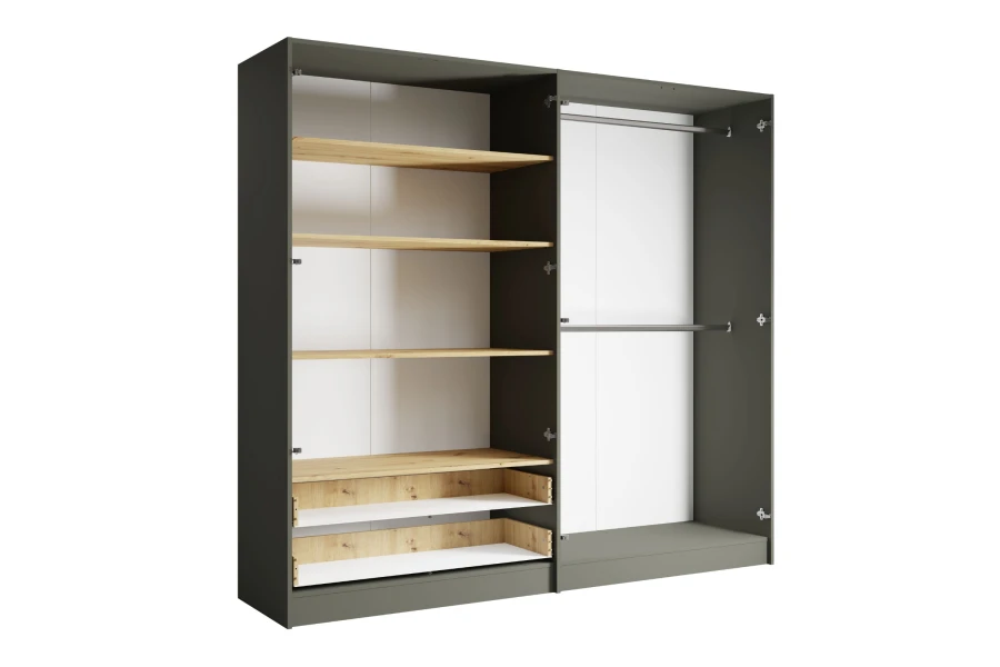 Kleiderschrank-Innenleben in Grau mit Regalfächern und Kleiderstangen aus Eiche-Optik.