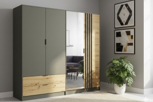 RON A Schlafzimmer Set Komplettschlafzimmer Komplettes Schlafzimmermöbel-Set mit Bett, Kleiderschrank mit Spiegel, Kommode und 2 Nachttischen – Artisan Eiche / Graphitgrau Deine Möbel