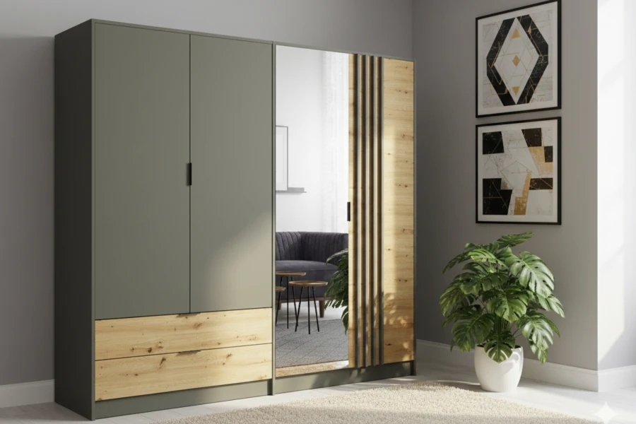Moderner Kleiderschrank in Grau und Eiche mit großer Spiegeltür für das Schlafzimmer.