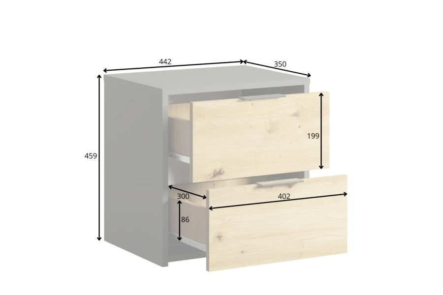 Graue Nachtkommode mit Holzschubladen und Maßangaben in Millimetern.