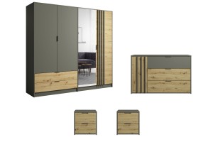 RON B Schlafzimmer Set Schlafzimmermöbel-Set inkl. Kleiderschrank mit Spiegel, Kommode und 2 Nachttischen – Artisan Eiche / Graphitgrau Deine Möbel