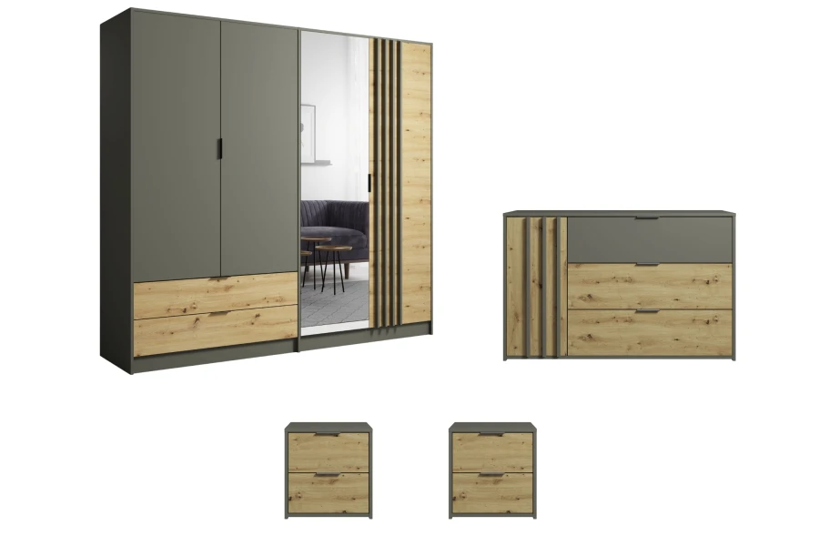 Modernes Schlafzimmerset in Anthrazit und Eiche mit Spiegel-Kleiderschrank, Kommode und Nachttischen.