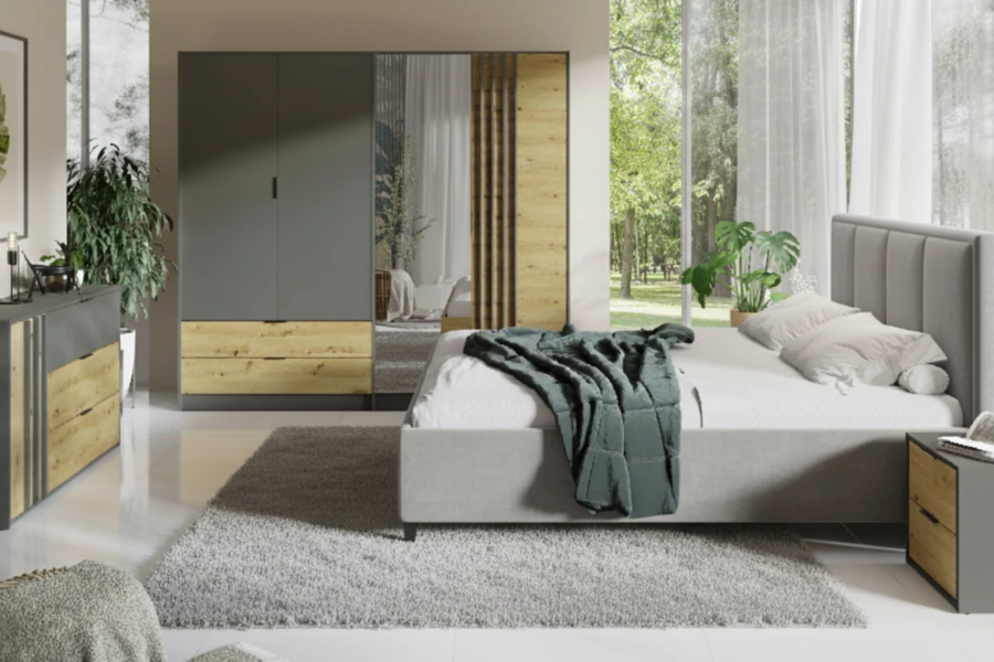 Modernes Schlafzimmer Set in Anthrazit und Eiche mit Polsterbett, Kleiderschrank und Kommode.