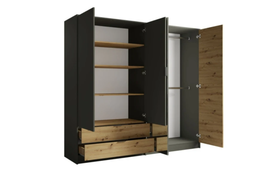 Offener Kleiderschrank mit praktischer Inneneinteilung, Kleiderstangen und geräumigen Schubladen.