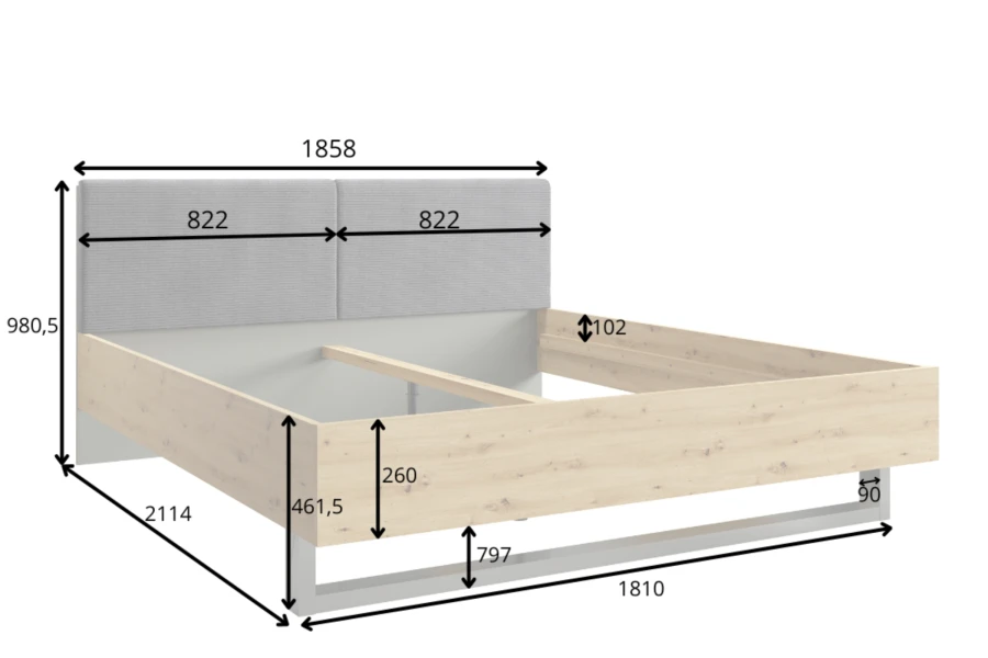 Technische Zeichnung mit Maßen für ein modernes Bettgestell aus Holz mit grauem Kopfteil.