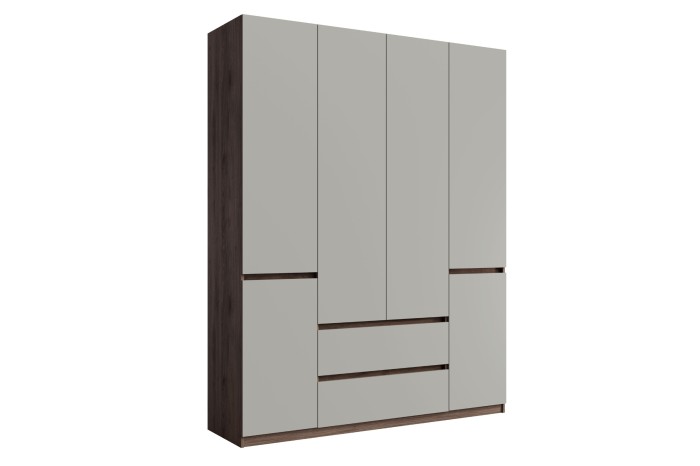 Moderner viertüriger Kleiderschrank in Grau und dunkler Holzoptik für das Schlafzimmer.