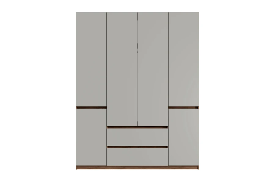 Frontansicht eines grifflosen Kleiderschranks in Grau und Holz-Optik, modernes Design für Schlafzimmer.