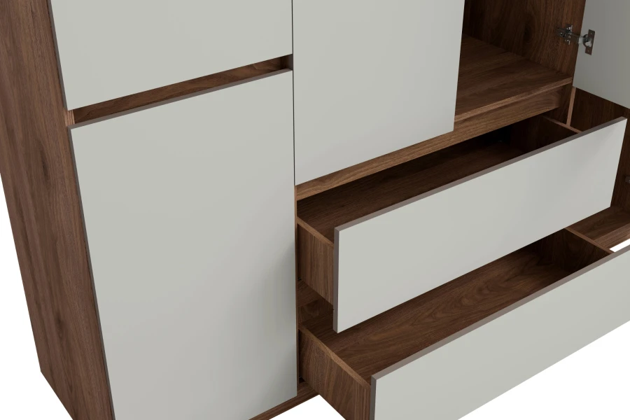 Nahaufnahme der hochwertigen Holzmaserung und Schubladenführung eines modernen Designerschranks.