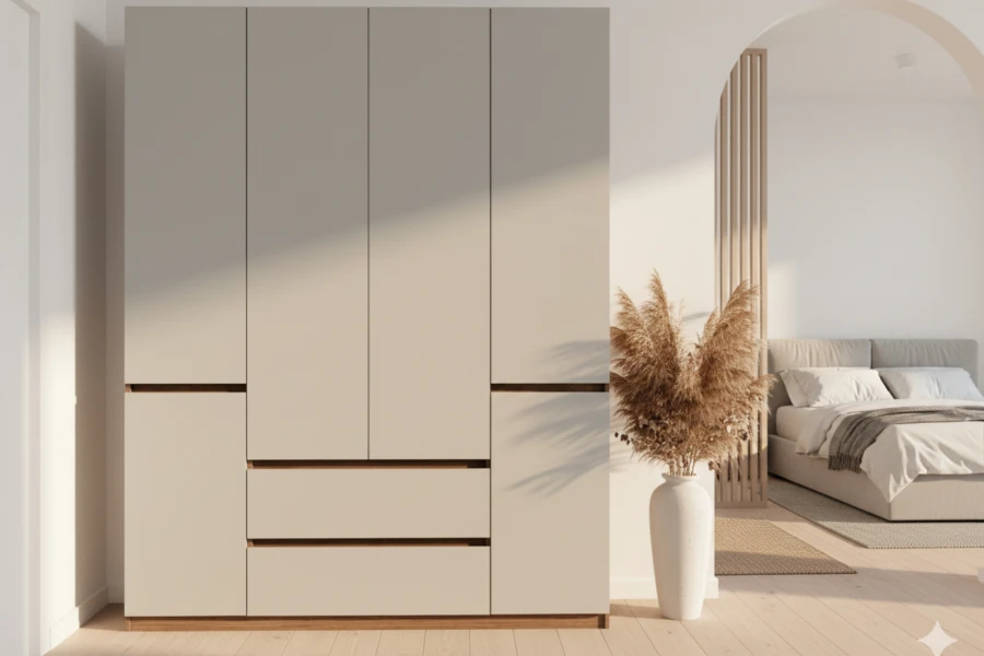 Moderner grauer Schrank im Schlafzimmer-Ambiente mit Bett und Pampasgras in einer Vase.
