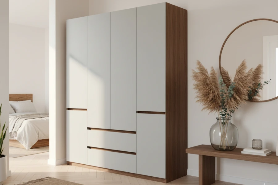 Moderner Kleiderschrank in Grau und Walnuss-Optik in einem hellen Schlafzimmer.