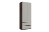 Schmaler zweitüriger Kleiderschrank mit grauer Front und dunklem Holz-Korpus.