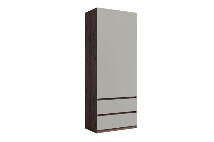 Schmaler Kleiderschrank in dunkler Holzoptik mit hellgrauen Türen und zwei Schubladen.