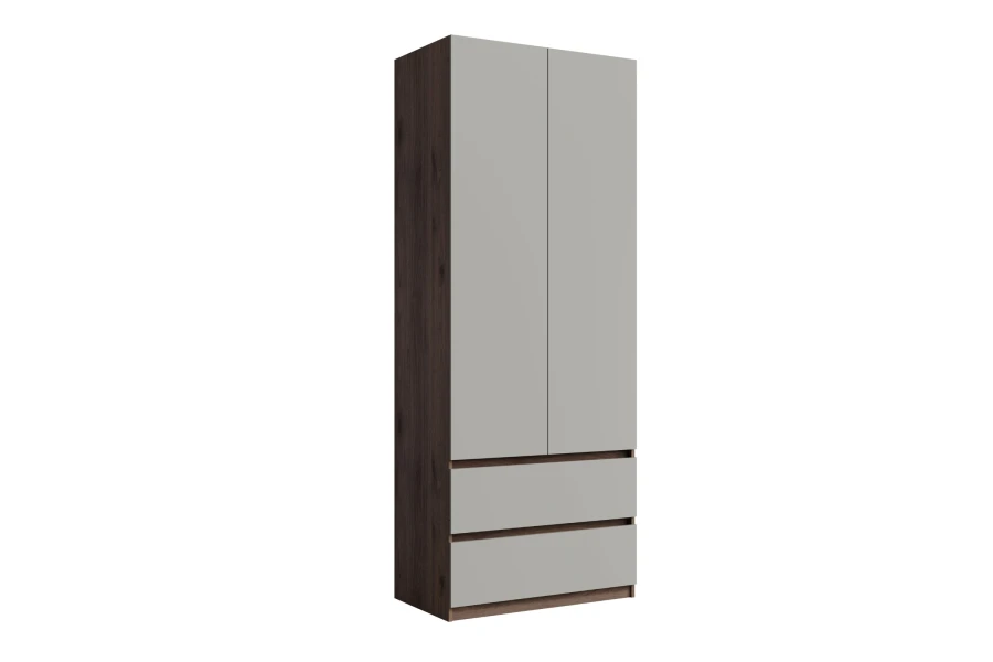 Schmaler zweitüriger Kleiderschrank mit grauer Front und dunklem Holz-Korpus.