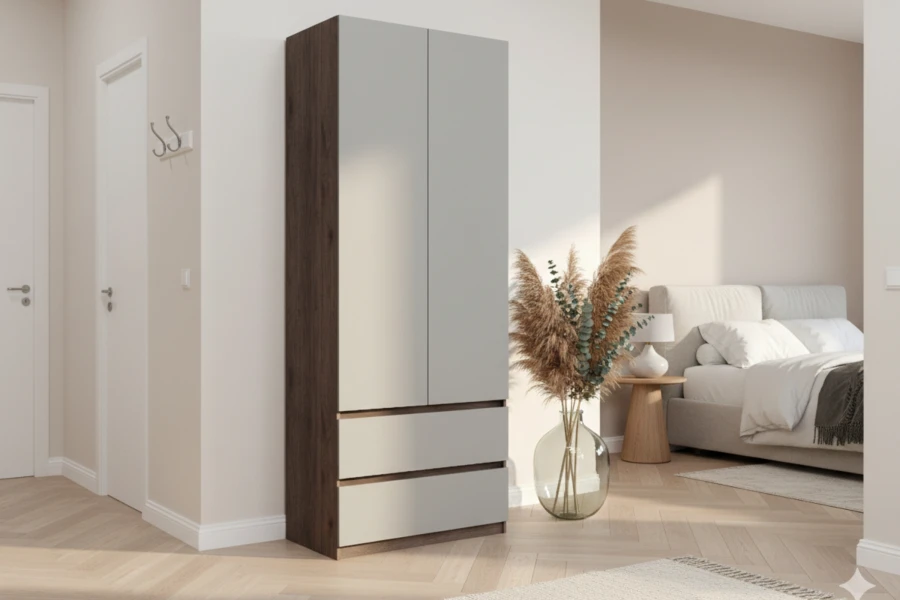 Schmaler zweitüriger Kleiderschrank in Holz und Grau für moderne Schlafzimmer.