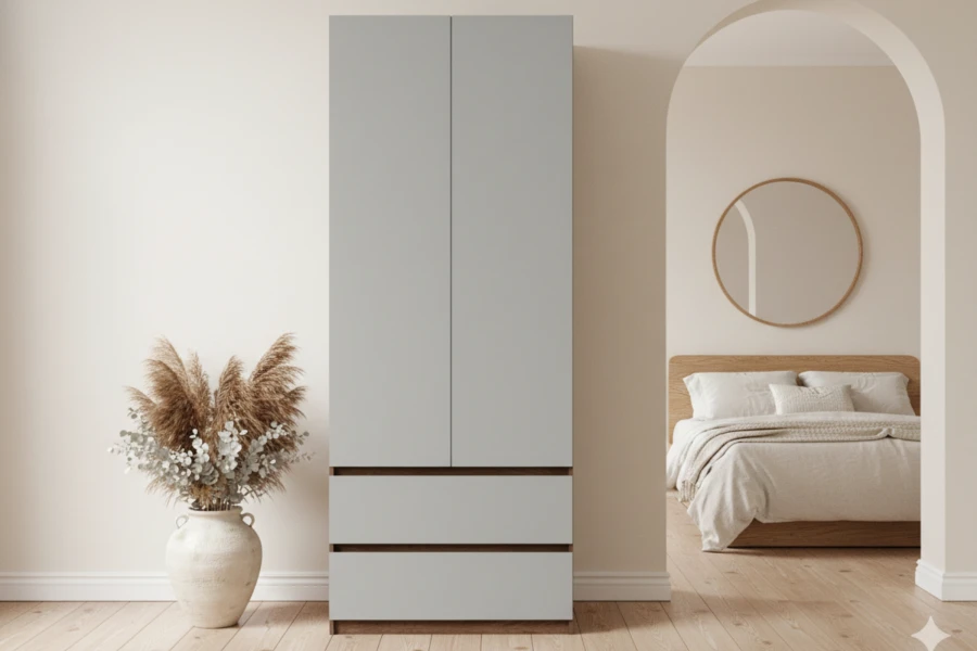 Frontansicht Kleiderschrank in Holz-Grau-Optik mit zwei Schubladen im Schlafzimmer.