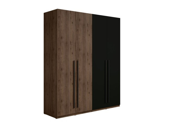 Moderner 4-türiger Kleiderschrank in dunkler Holzoptik und Schwarz mit langen Griffen.