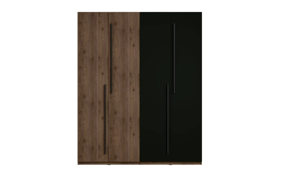 Moderner 4-türiger Schrank, hälftig in Holzdekor und Schwarz unterteilt, minimalistisches Design.