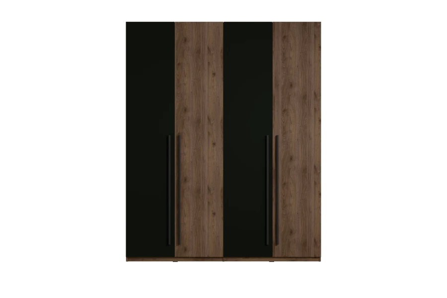 Kleiderschrank 4-türig, abwechselnd Schwarz und Holzdekor mit paarweise angeordneten Griffen.