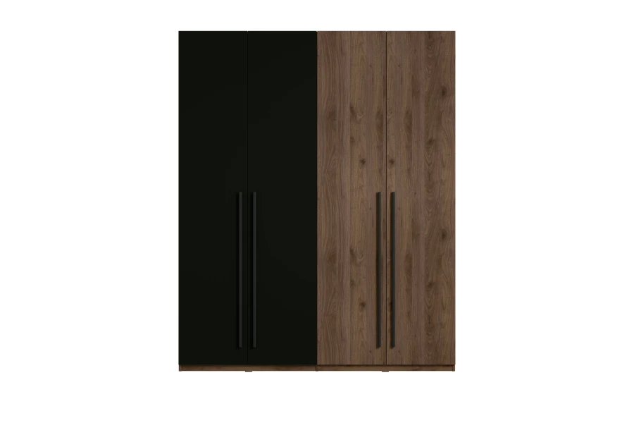 Moderner Kleiderschrank 4-türig, hälftig Schwarz und Holzoptik, mit paarigen schwarzen Griffen.