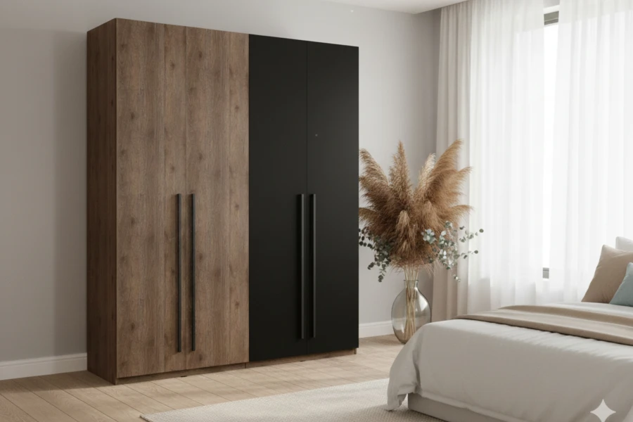 Modernes Schlafzimmer mit großem Kleiderschrank in Schwarz und Holzoptik neben einem hellen Fenster.