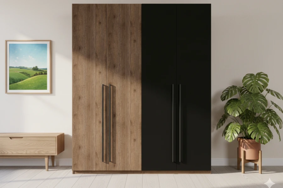 Moderner 4-türiger Kleiderschrank in Eiche-Optik und Schwarz für das Schlafzimmer.