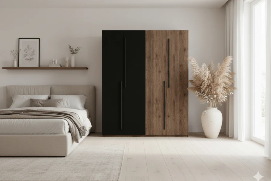 Stilvoller Kleiderschrank in Schwarz und Holzoptik neben einem gemütlichen Polsterbett.