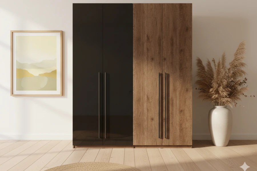 Zweifarbiger Design-Schrank in Anthrazit und Holzdekor in hellem Ambiente.
