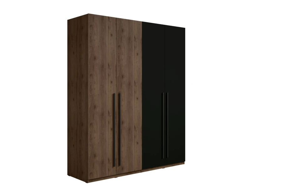 Moderner 4-türiger Kleiderschrank in dunkler Eiche-Optik und mattem Schwarz.
