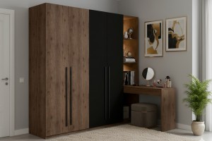 VASSA Kleiderschrank 180 cm mit Schminktisch und Regal in Schwarz / Nussbaum, Schlafzimmerschrank mit viel Stauraum Deine Möbel