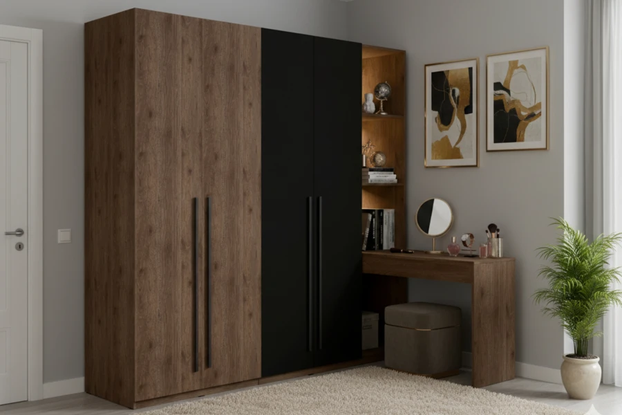 Schlafzimmer-Set bestehend aus Kleiderschrank und integriertem Schminktisch in Holz-Optik.