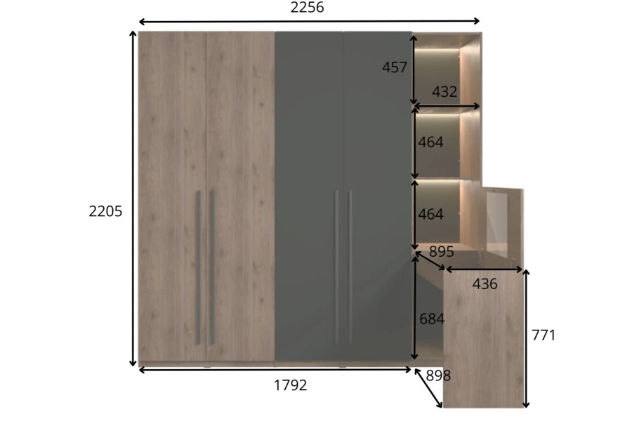 Detaillierte Maße und Abmessungen für Kleiderschrank-Kombination mit Schreibtisch.