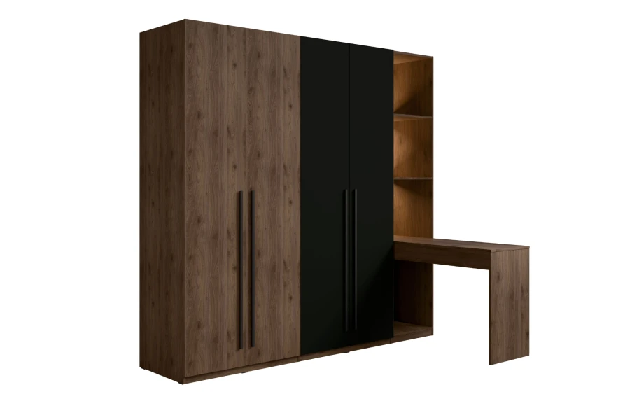 Moderner Kleiderschrank in Nussbaum und Schwarz mit Schreibtisch und Regalfächern.