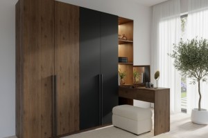 VASSA Kleiderschrank 180 cm mit Schminktisch und Regal in Schwarz / Nussbaum, Schlafzimmerschrank mit viel Stauraum Deine Möbel