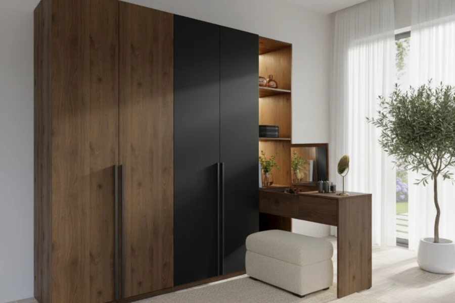 Ein Schlafzimmer-Set mit Kleiderschrank, Schminktisch und Sitzhocker in modernem Design.